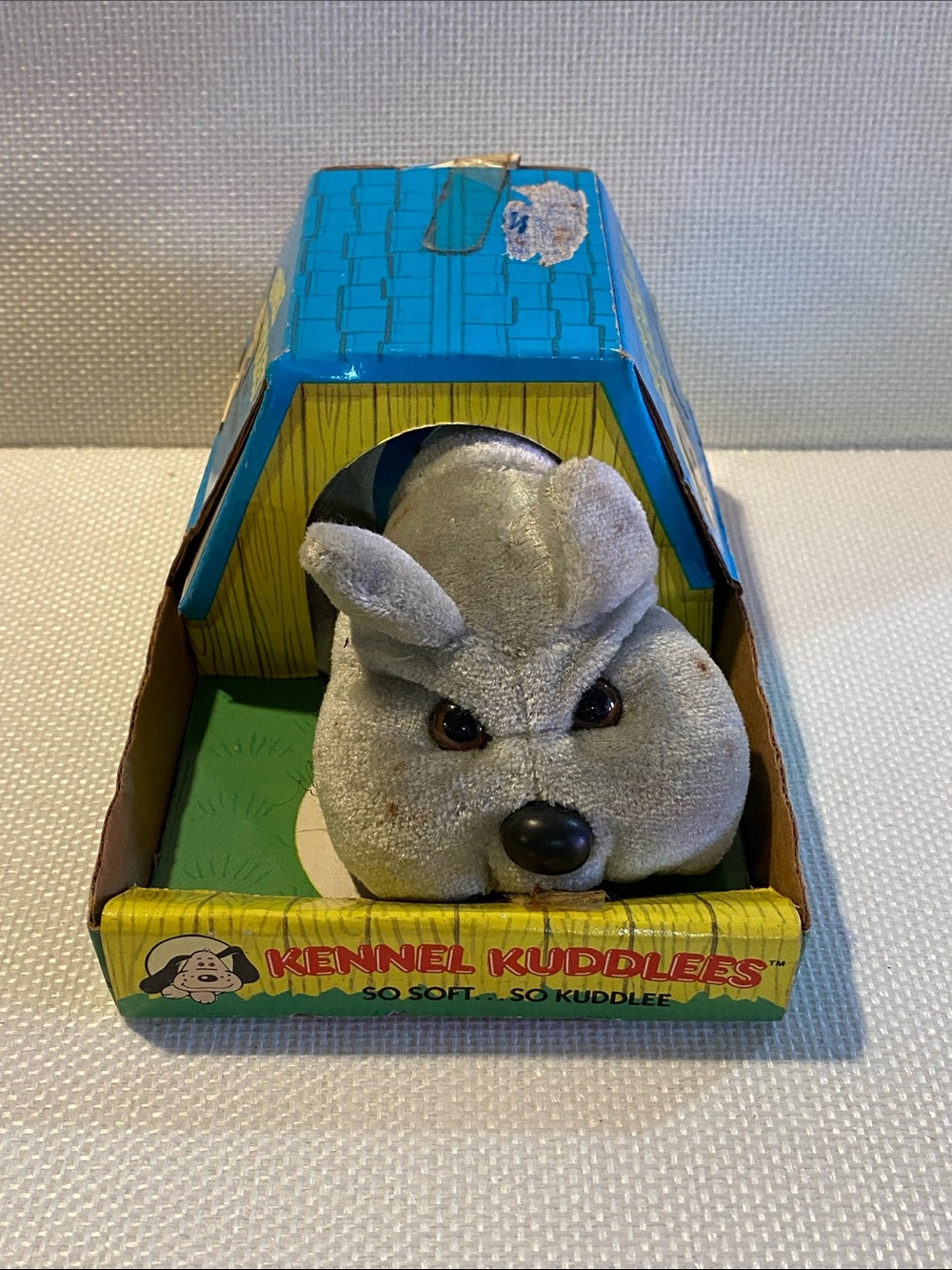 Vintage 1986 gray bulldog puppy plush toy from the Kennel Kuddlees